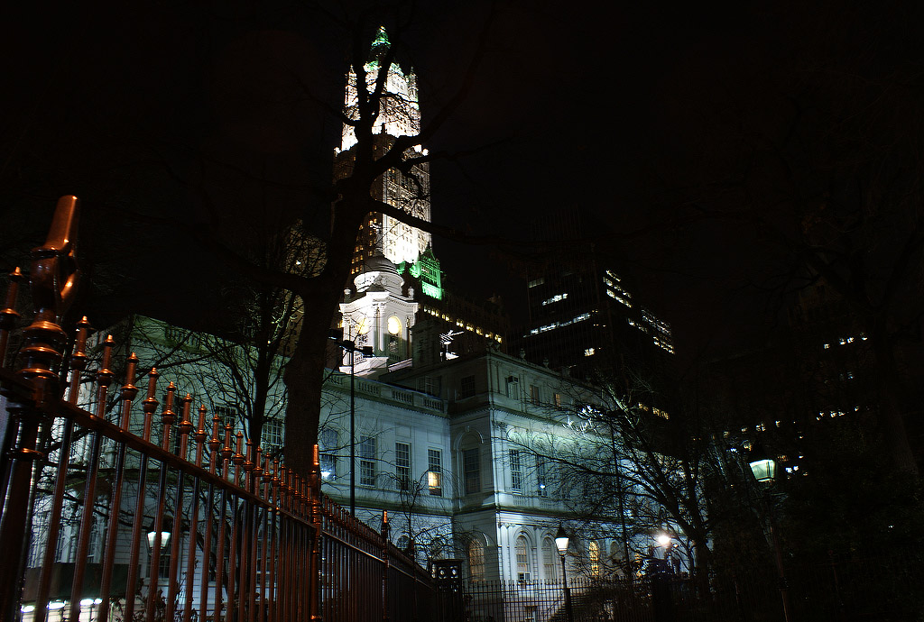 New York City Hall at night.