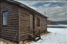Closeup of the log cabin.