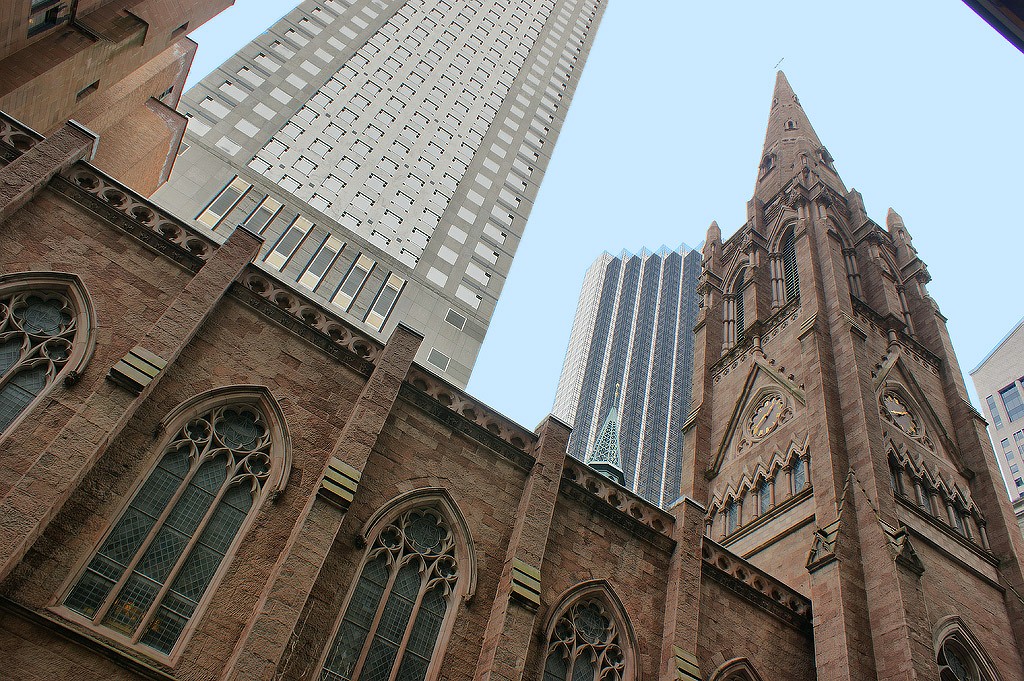 Fifth Avenue Presbyterian Church.
The Fifth Avenue Presbyterian Church today is surrounded by tall buildings along a tourist-heavy part of Fifth Avenue. It is two blocks north of Saint Thomas' Church which in turn is two blocks north of Saint Patrick's Cathedral.