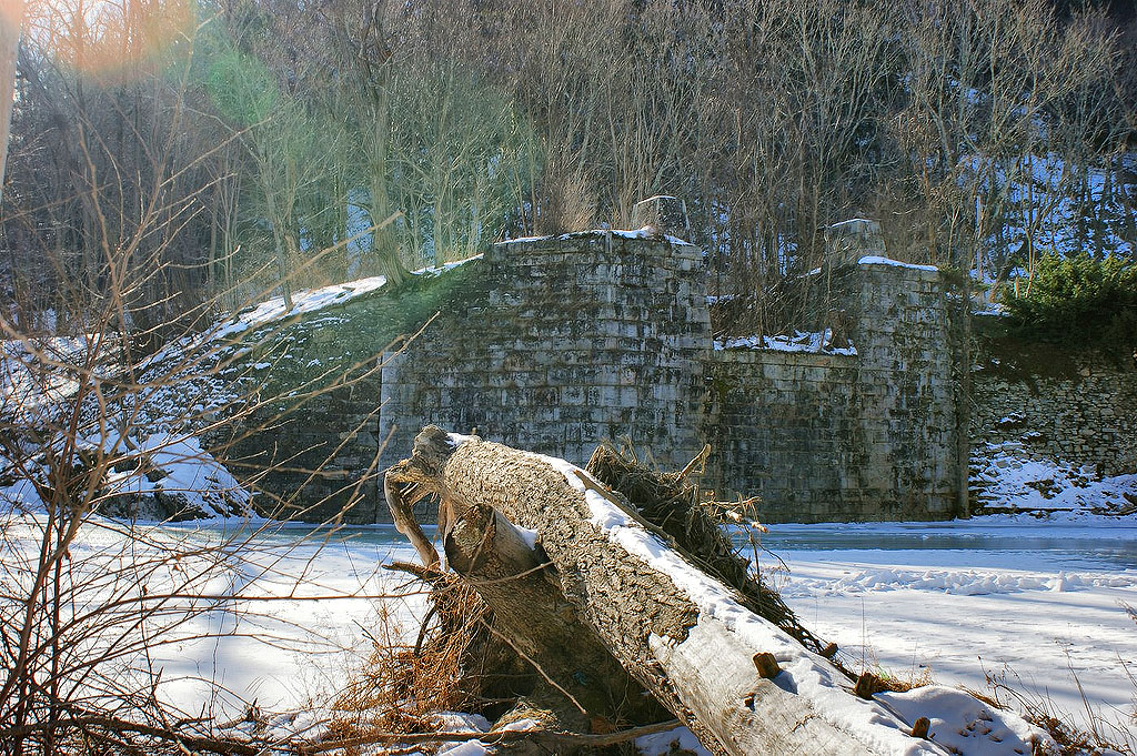 Log in front of aqueduct abutment.